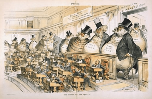 A Gilded Age cartoon depicting monopolists intensely watching the activities of the United States congress. This cartoon depicts the elites as bloated giants, resembling large money bags, almost suggesting that they run congress through financial means.